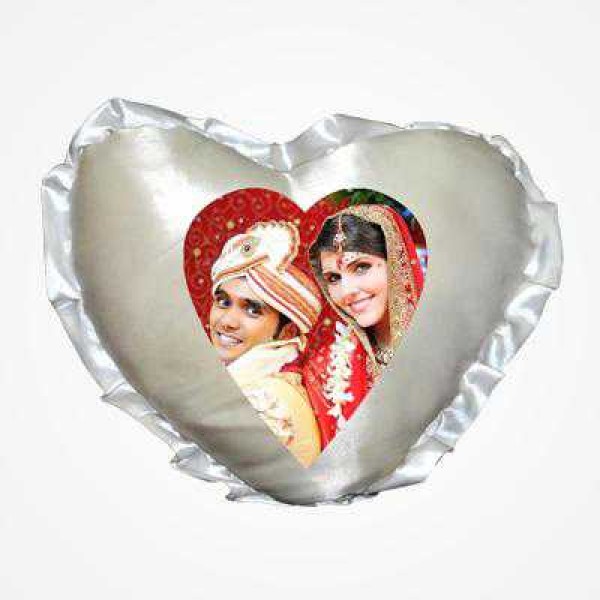 White Heart Frill Cushion With Personalized Photo